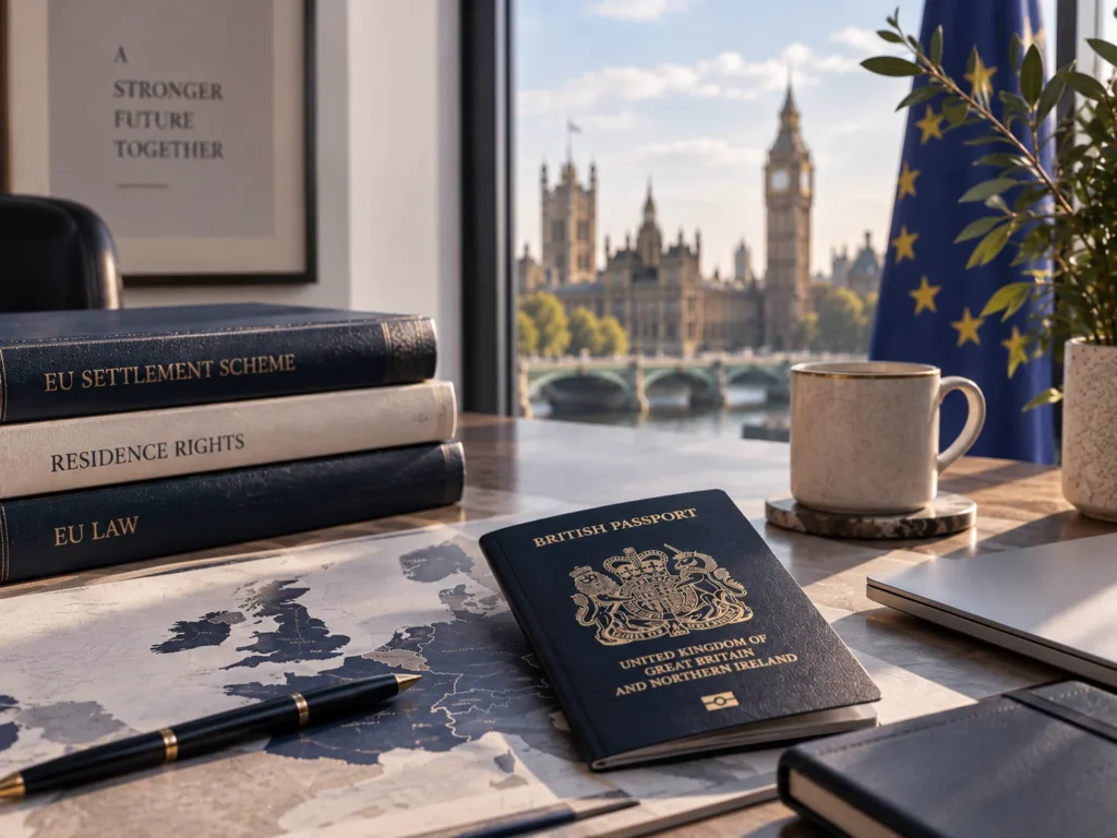 AB Yerleşim Programı başvuruları — Westminster'a bakan bir masada AB bayrağı, yerleşik statü ve AB hukuku kitapları ile bir İngiliz pasaportu