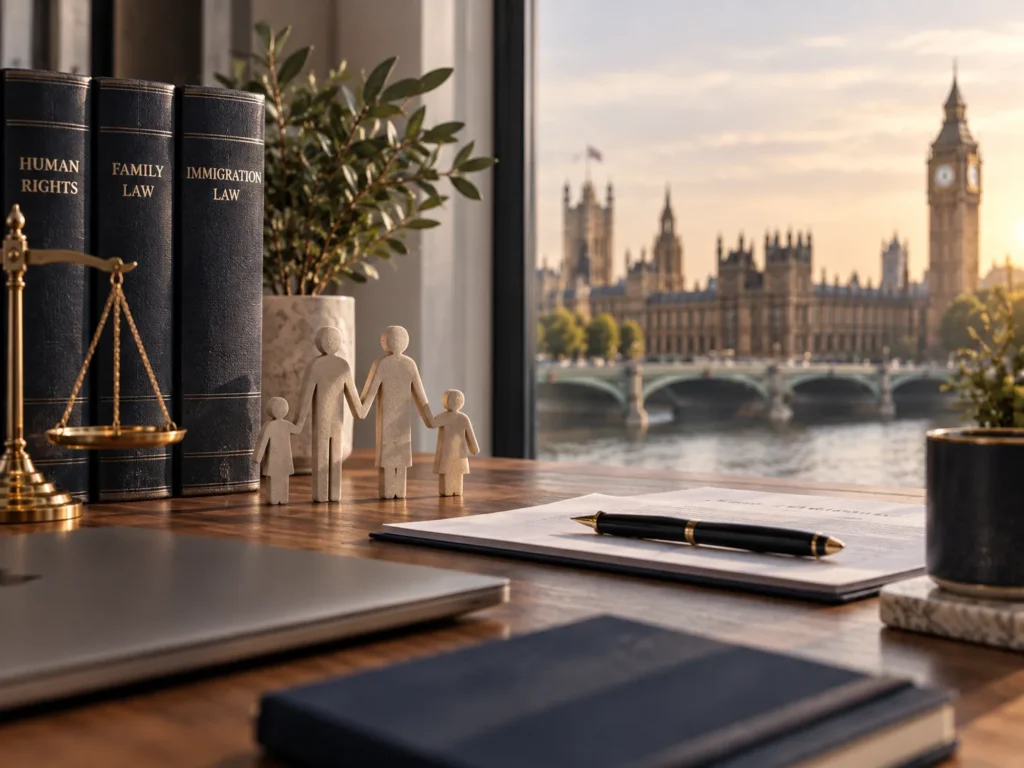 İnsan hakları ve özel veya aile hayatı başvuruları — Westminster'a bakan bir masada adalet terazisi, aile figürleri ve göçmenlik hukuku kitapları
