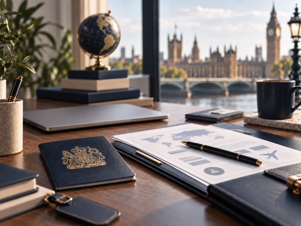 İngiltere puan tabanlı sistem başvuruları — Westminster'a bakan bir masada İngiliz pasaportu, küre ve puanlanmış başvuru belgeleri
