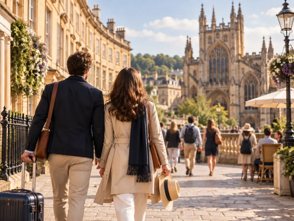 İngiltere ziyaretçi vizesi başvuruları — Bath Abbey'e doğru Georgian üsluplu bir sokakta bavullarıyla yürüyen iki ziyaretçi