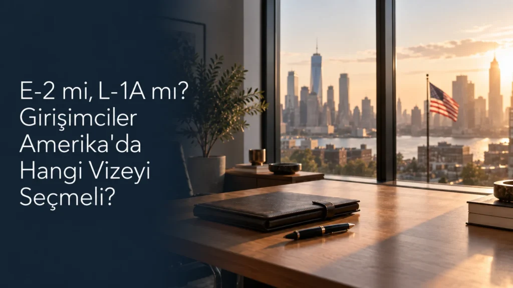 Arka planda bir Amerika şehir silueti ve Amerikan bayrağı bulunan modern bir Amerikan ofisinde uzun bir pencerenin yanındaki girişimci masası; girişimciler için E-2 ve L-1A vizeleri arasındaki seçimi anlatıyor.