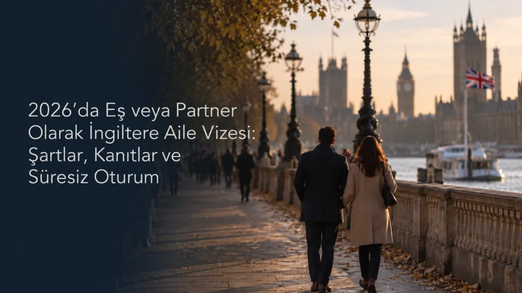 Thames boyunca Westminster'a ve bir İngiliz bayrağına doğru yürüyen bir çift; 2026'da eş veya partner olarak İngiltere aile vizesi başvurusunu temsil ediyor.