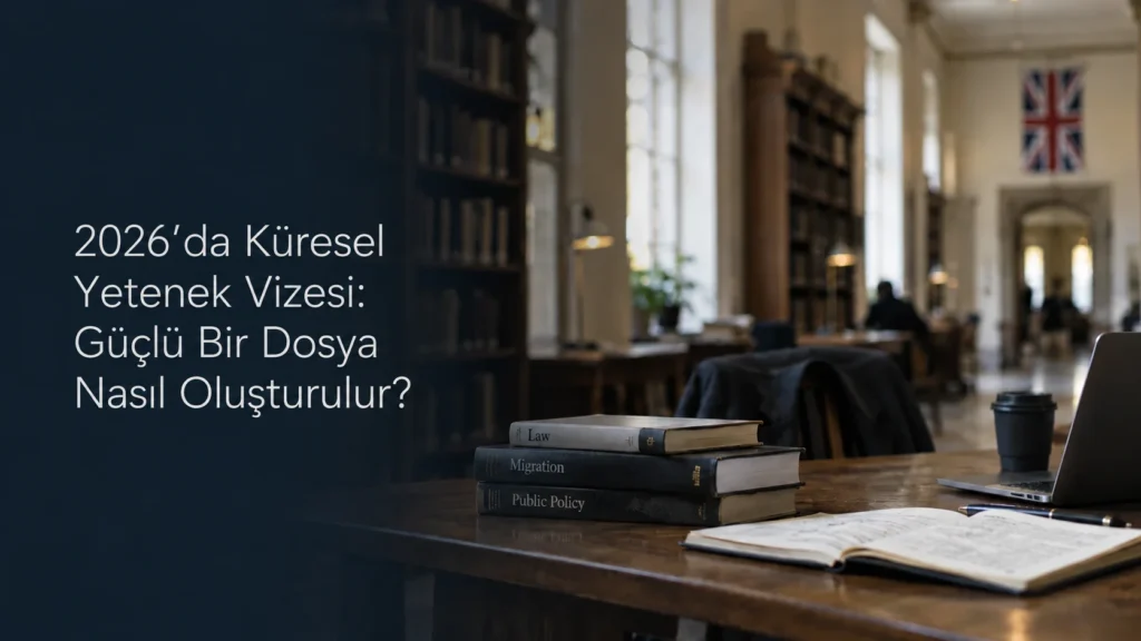 Bir İngiliz bayrağının altında kütüphane masasında açık kitaplar ve bir dizüstü bilgisayar; 2026'da İngiltere Küresel Yetenek vizesi onay başvurusunu temsil ediyor.