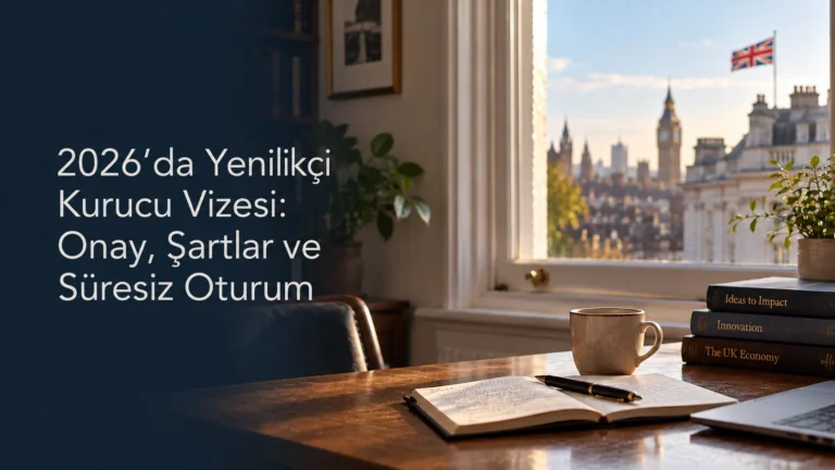 Westminster'a ve bir İngiliz bayrağına bakan pencere kenarında bir masa; 2026'da İngiltere Yenilikçi Kurucu vizesi onay ve süresiz oturum başvurusunu temsil ediyor.