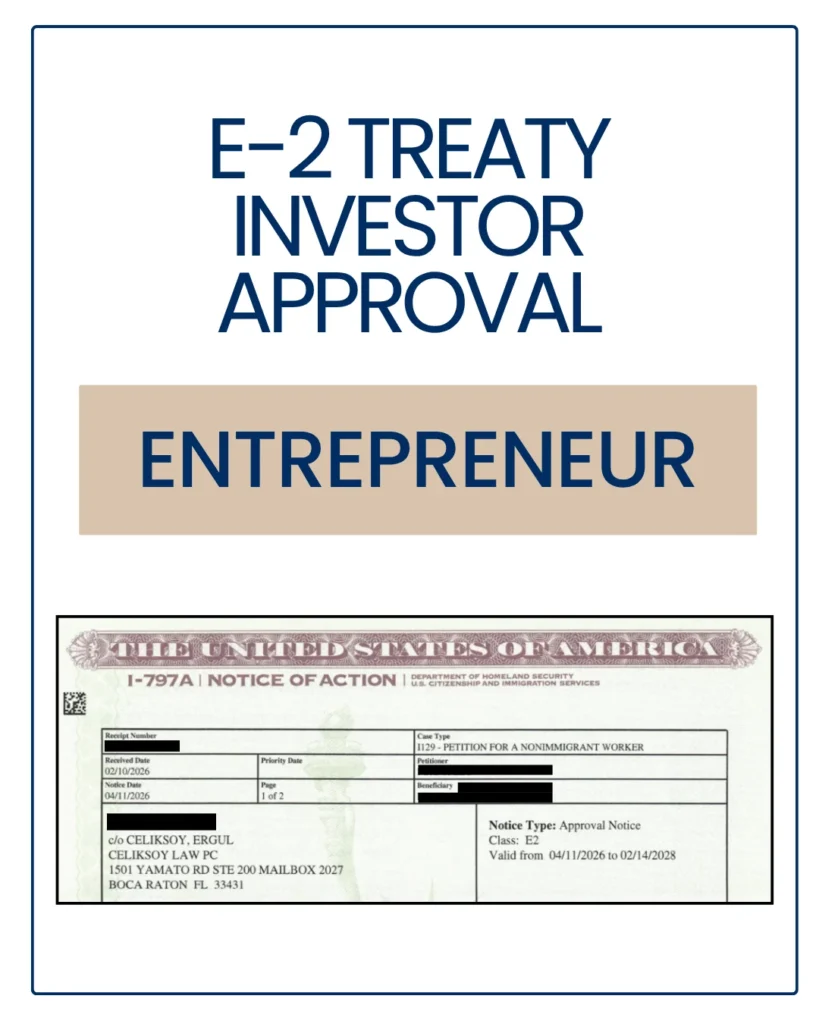 E-2 approval notice with personal details redacted