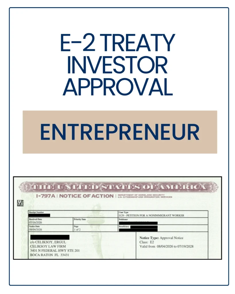 E-2 approval notice with personal details redacted
