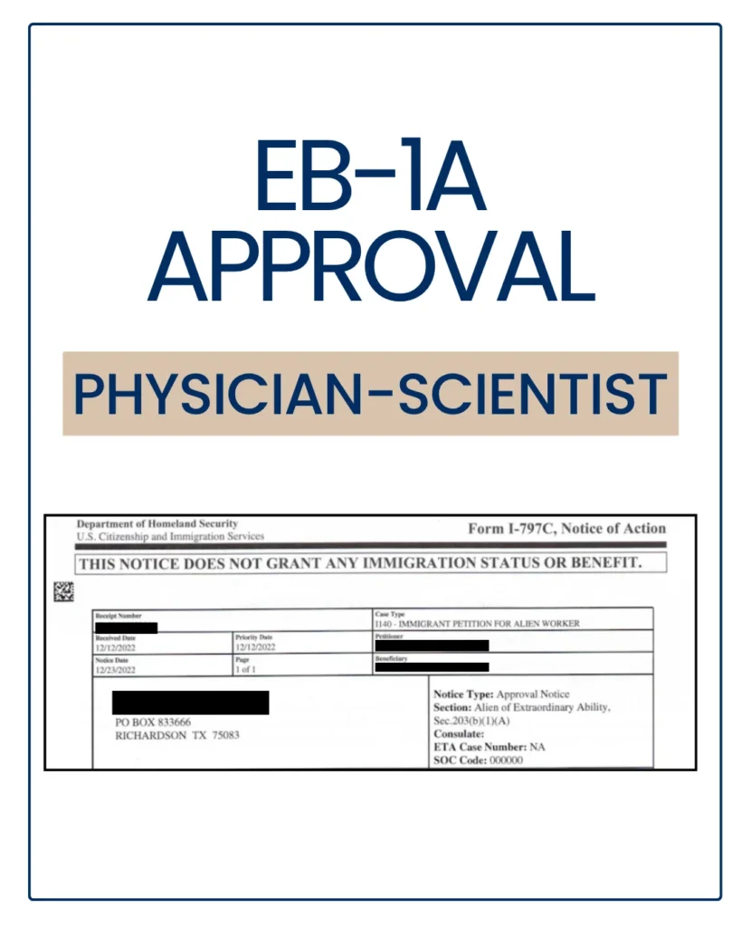 EB-1A approval notice with personal details redacted