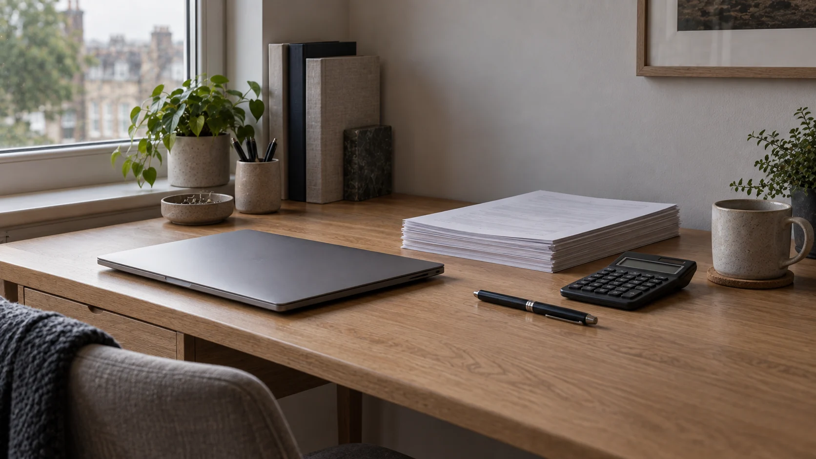 Tidy home desk by a window with a squared stack of printed statements, a closed laptop, a calculator and a pen, representing the financial requirement for a UK family visa as a partner or spouse.