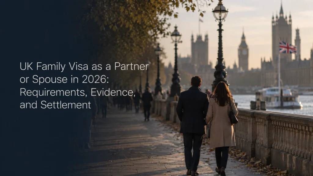 Couple walking along the Thames towards Westminster and a Union Jack, representing a UK family visa application as a partner or spouse in 2026.