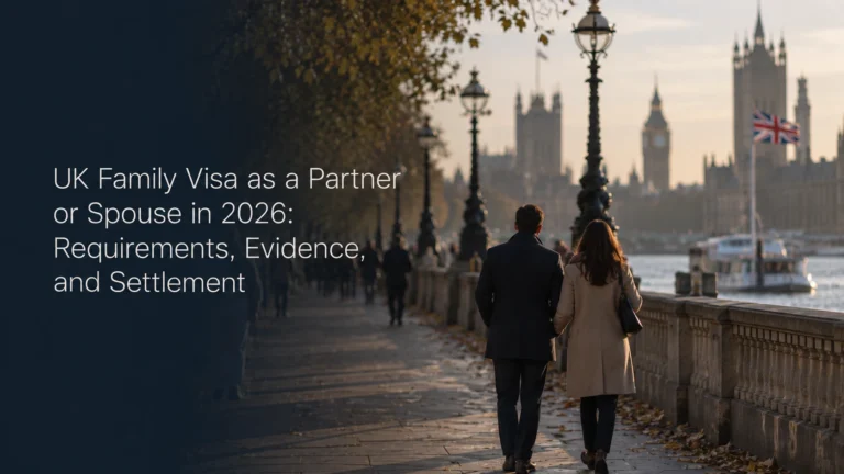 Couple walking along the Thames towards Westminster and a Union Jack, representing a UK family visa application as a partner or spouse in 2026.