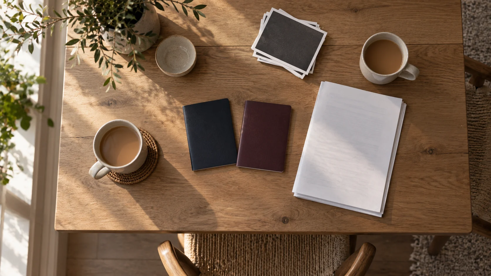 Home dining table seen from above with two closed passports, a folded tenancy agreement, printed photographs and two cups of tea, representing evidence of a genuine relationship for a UK family visa.