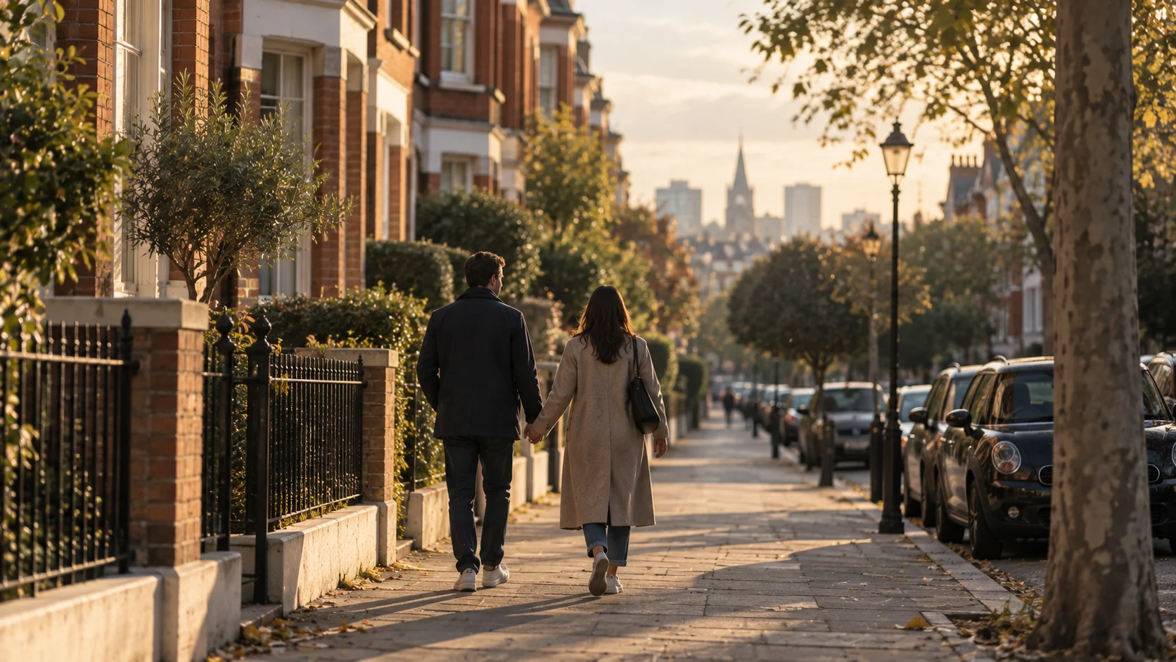 Couple seen from behind holding hands as they walk down a quiet red-brick residential London street in late afternoon light, representing settlement in the UK as a partner or spouse.