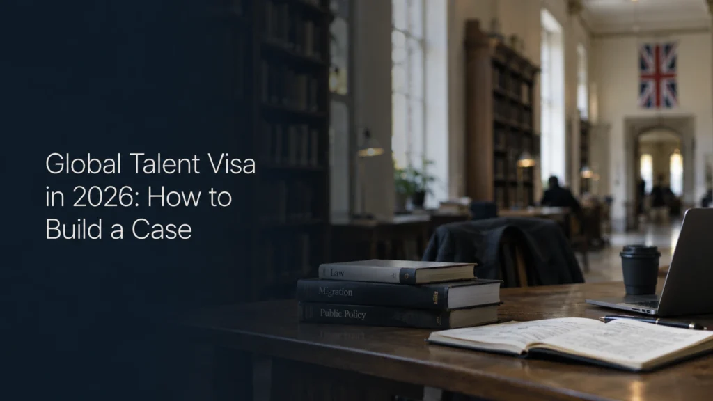 Open books and a laptop on a library desk beneath a Union Jack, representing a UK Global Talent visa endorsement application in 2026.