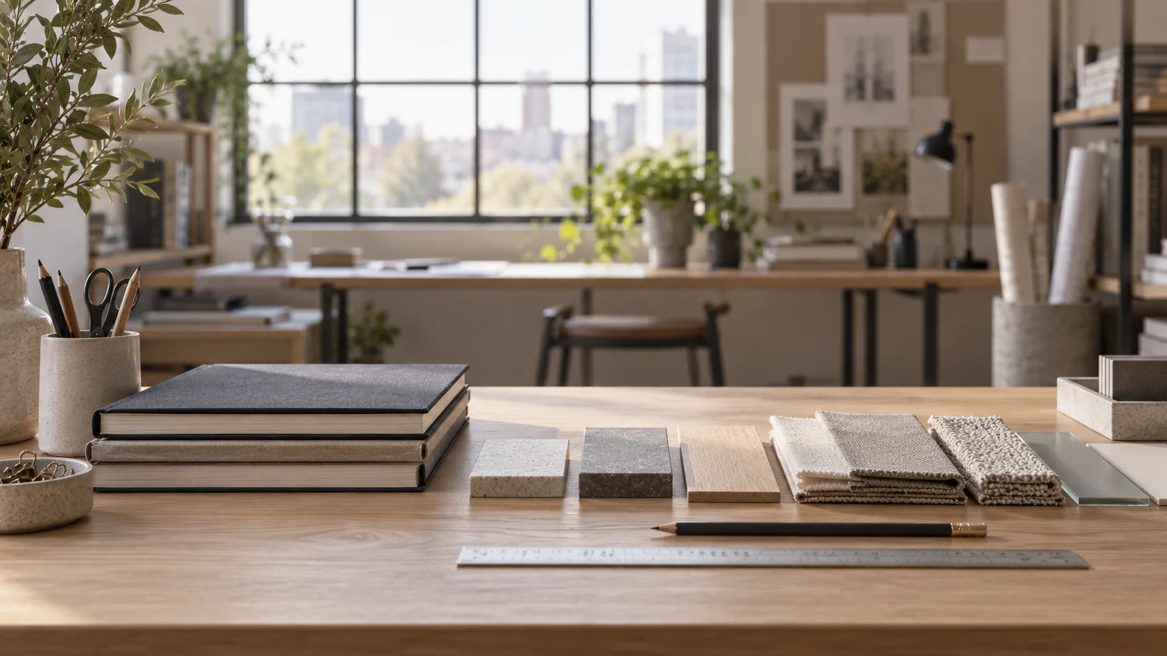 Design studio workbench with stacked sketchbooks, material samples and a scale ruler in diffused daylight, representing the design pathway for a UK Global Talent visa endorsement.