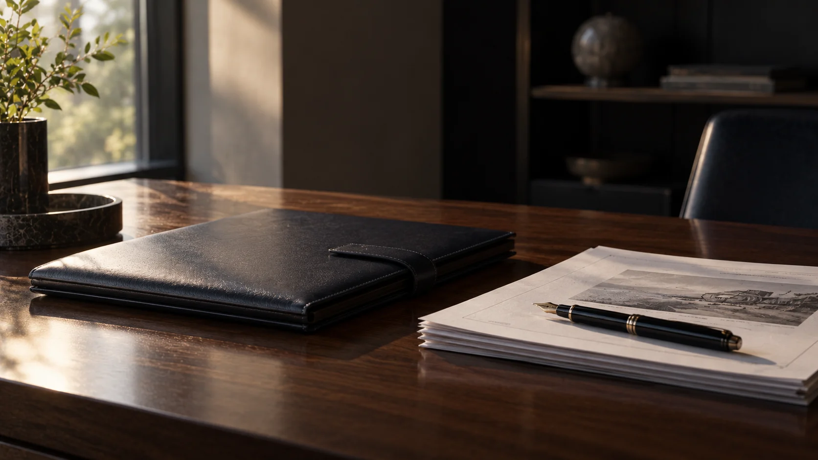 Closed leather portfolio, a stack of printed documents and a fountain pen on a dark wood table, representing the evidence an endorsing body reviews for a UK Global Talent visa application.