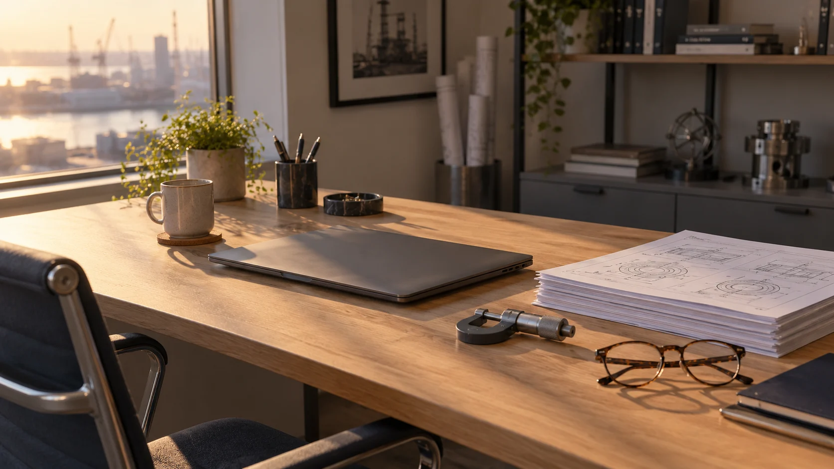 Research desk with printed technical papers, a closed laptop and reading glasses in warm afternoon light, representing evidence gathered by industry researchers for a UK Global Talent visa endorsement.