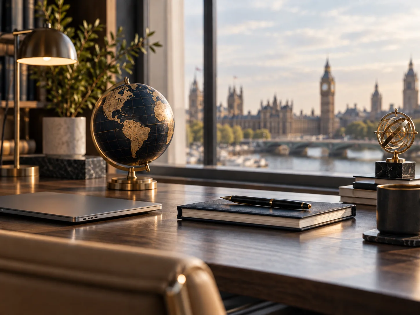 UK Global Talent visa applications — a desk with a globe, laptop and award trophies by a window overlooking the Houses of Parliament in London