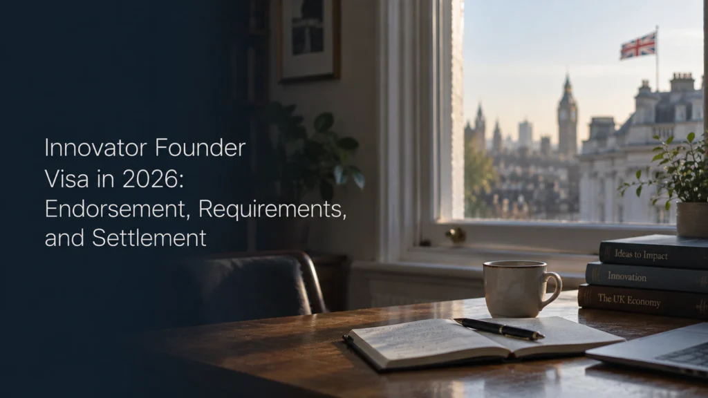 Desk by a window overlooking Westminster and a Union Jack, representing a UK Innovator Founder visa endorsement and settlement application in 2026.