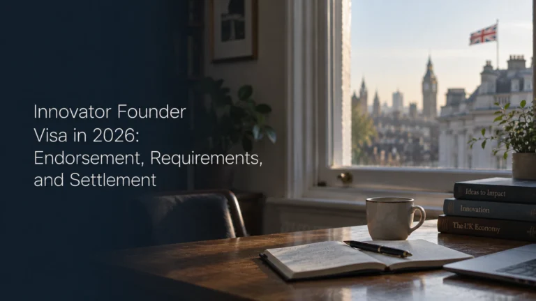 Desk by a window overlooking Westminster and a Union Jack, representing a UK Innovator Founder visa endorsement and settlement application in 2026.