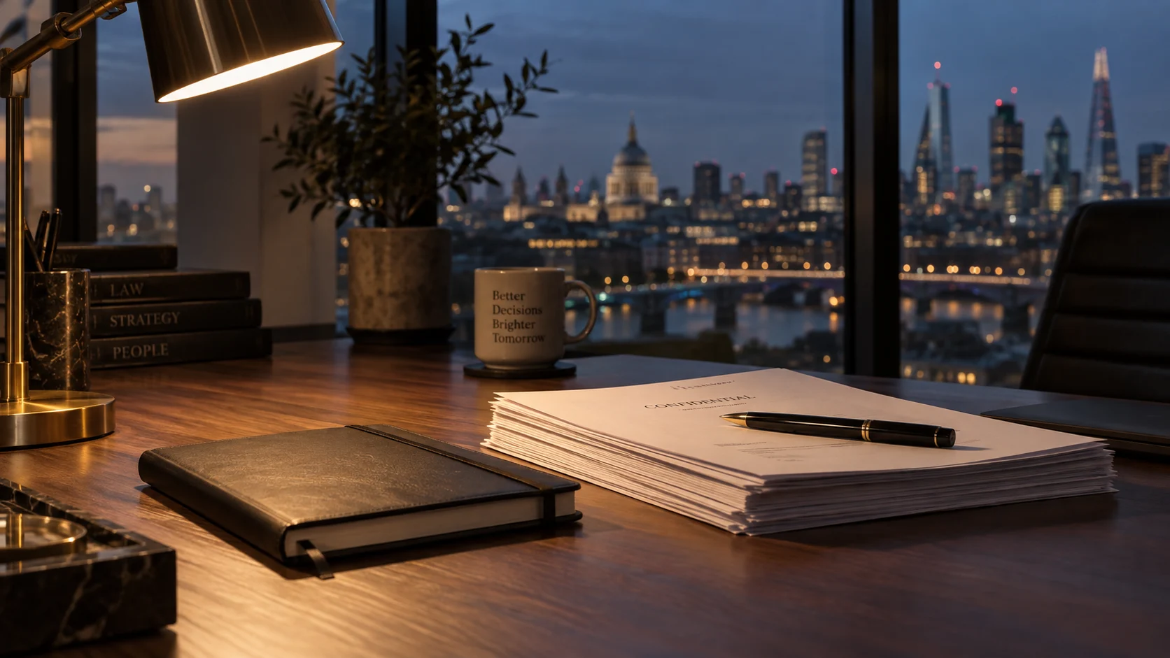 Founder desk at the end of the day with a closed notebook, a squared stack of printed documents and a pen under warm lamp light, representing the innovative, viable and scalable tests for a UK Innovator Founder visa.