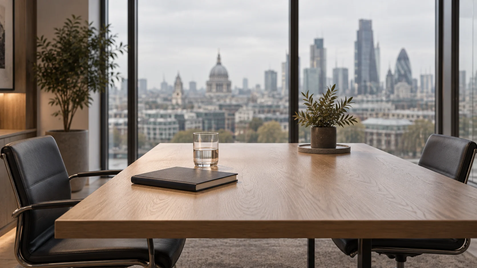 Empty London meeting room with an oak table, two facing chairs and a city skyline through floor-to-ceiling windows, representing contact point meetings that keep a UK Innovator Founder visa endorsement in place.