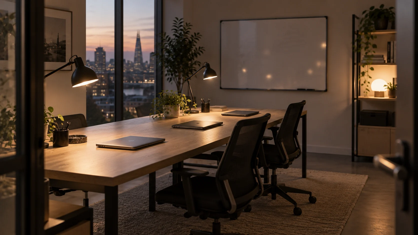 Small startup office at dusk with closed laptops on a shared desk and a wiped whiteboard, representing settlement after three years on a UK Innovator Founder visa.
