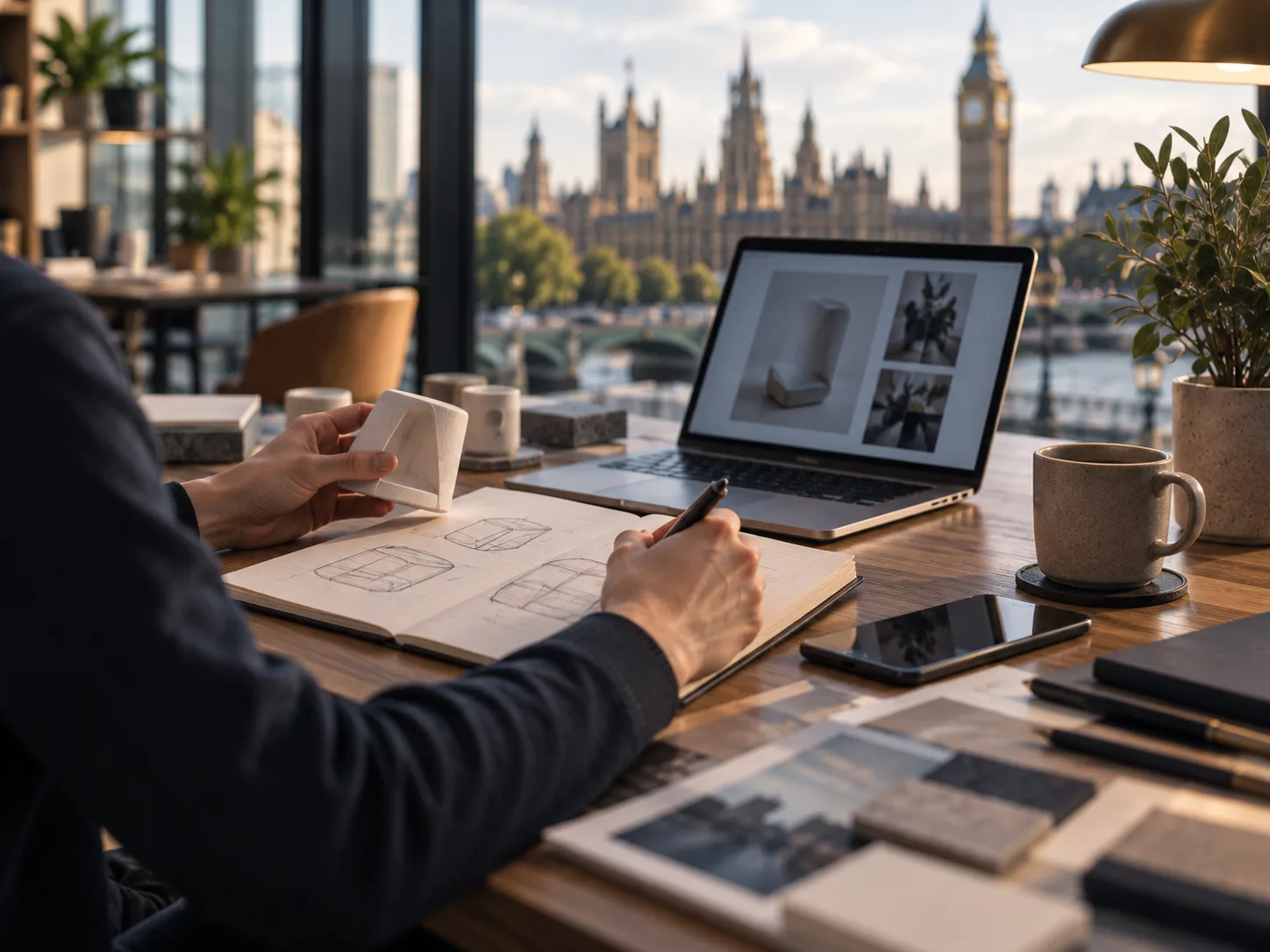 UK Innovator Founder visa applications — a founder sketching a business plan beside a laptop at a desk overlooking the Houses of Parliament