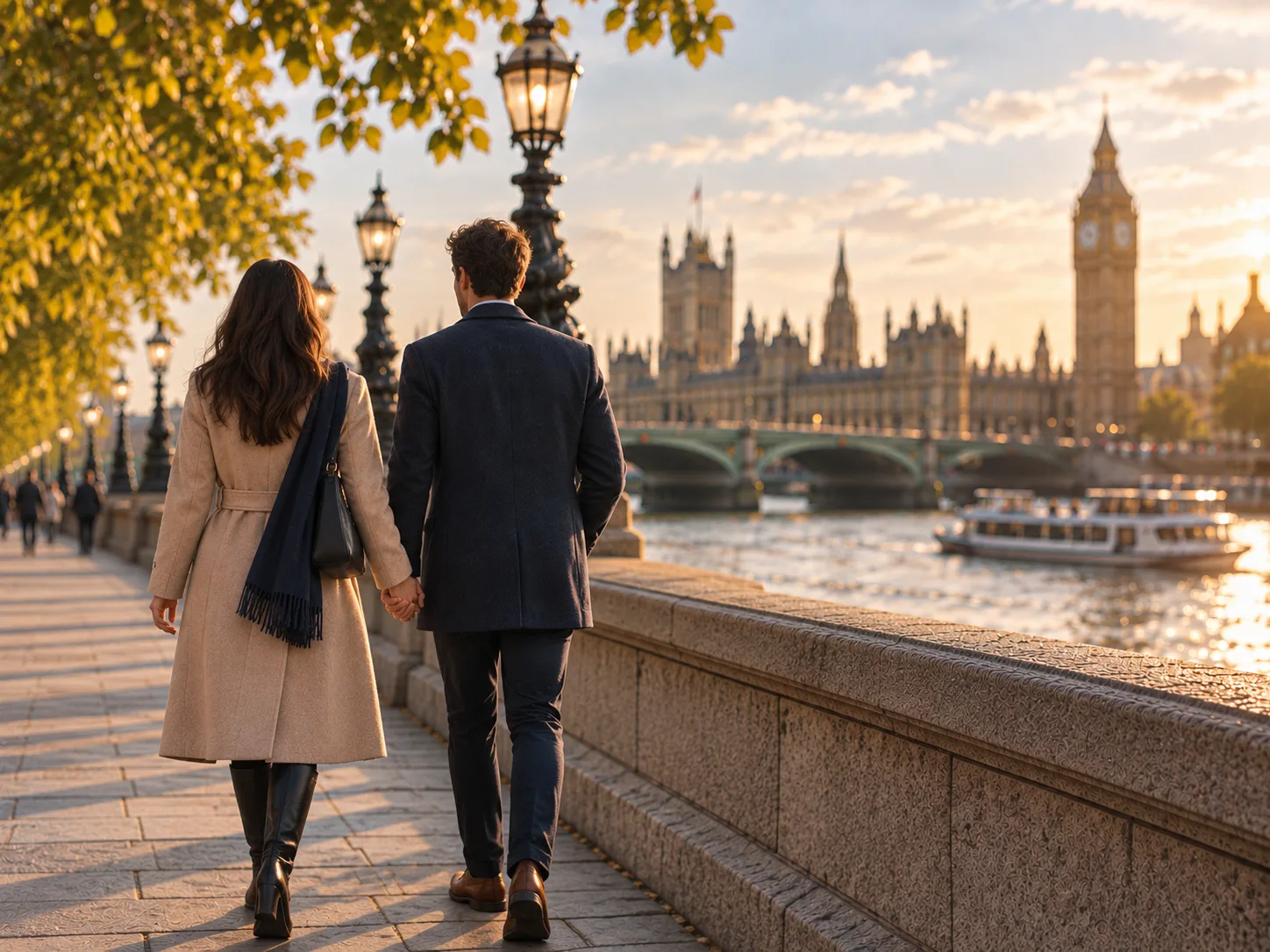 UK partner and family visas — a couple walking together along the River Thames embankment towards the Houses of Parliament
