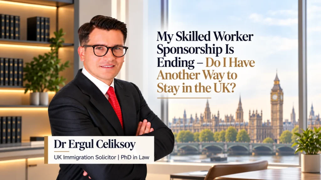 Dr Ergul Celiksoy, UK immigration solicitor, in an office overlooking the Houses of Parliament, with the question of what to do when Skilled Worker sponsorship is ending