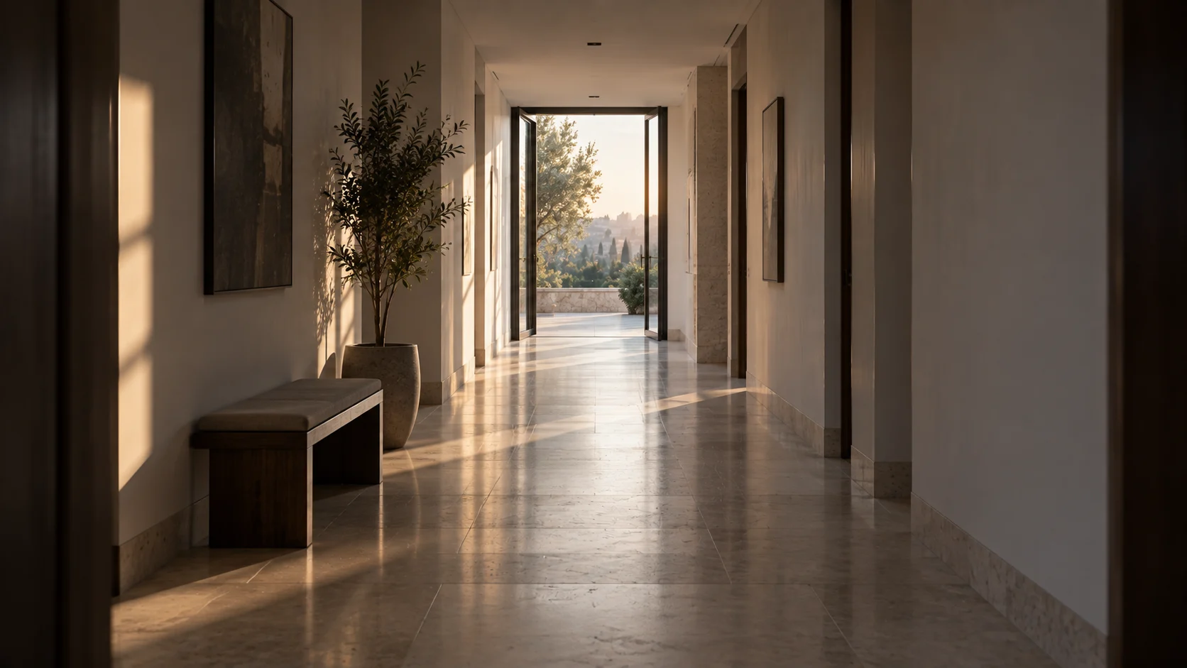 Long quiet corridor leading to a doorway opening onto warm daylight, representing the decision between the E-2 and L-1A routes to the United States.