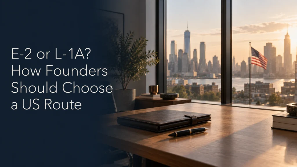 Founder desk by a tall window in a modern American office with a US city skyline and an American flag beyond, illustrating the choice between an E-2 and an L-1A visa for founders.