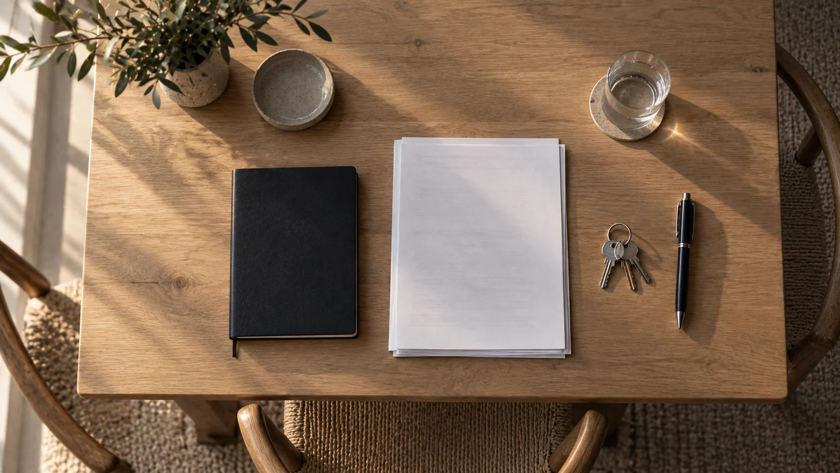 Meeting table seen from above with a closed notebook, a squared stack of printed documents, a set of keys and a pen, representing the E-2 treaty investor visa and its investment requirement.