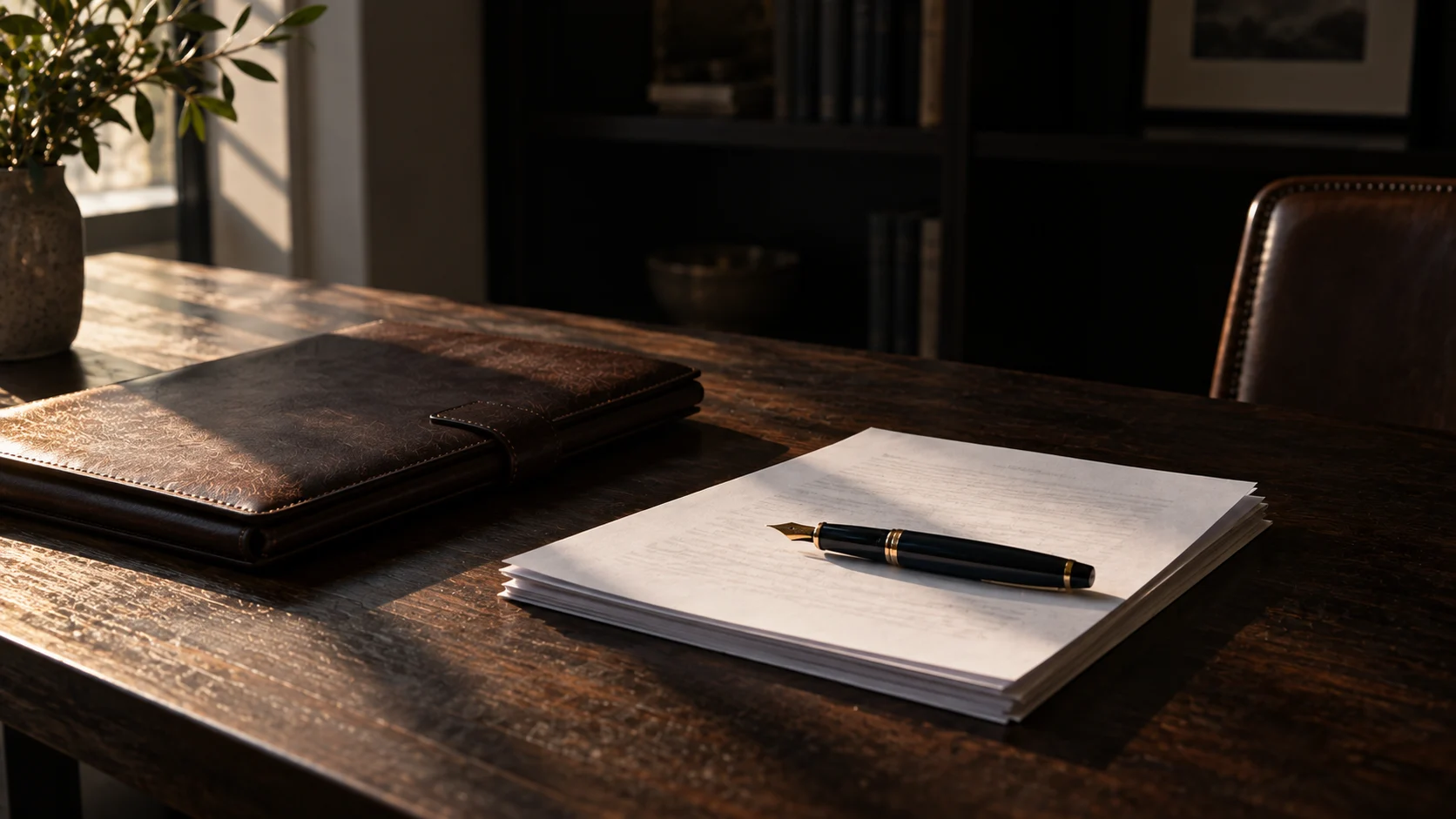 Dark wood table with a closed leather portfolio, printed papers and a fountain pen under strong directional light, representing the evidence assessed in an EB-1A extraordinary ability petition.