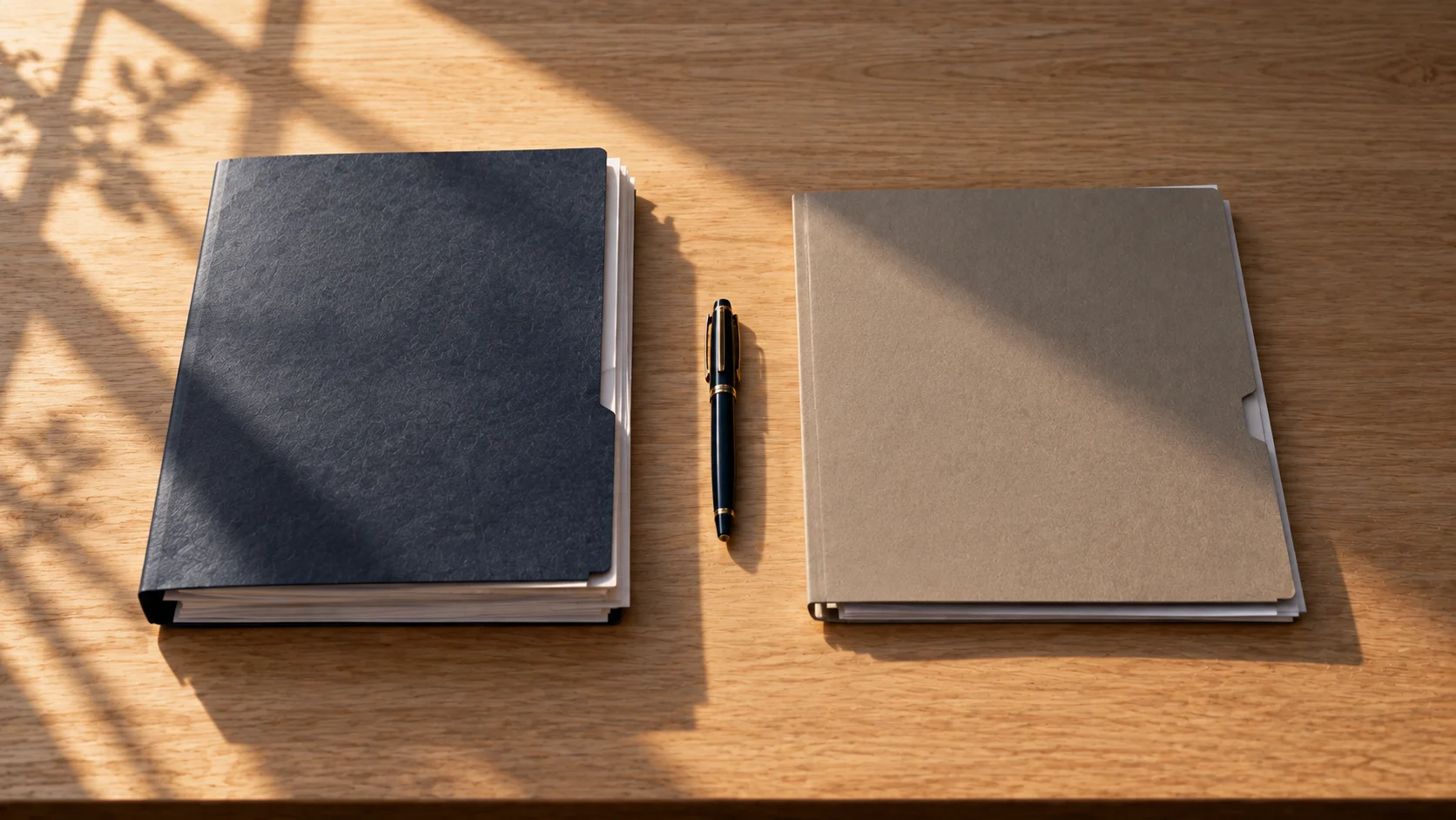 Home study desk seen from above with two document folders placed side by side and a pen between them, representing the decision between filing EB-1A or EB-2 NIW.