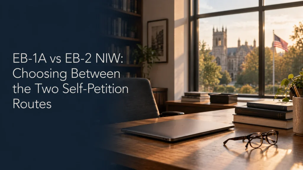 Researcher desk in a university office with journals and reading glasses, an American campus building and flag beyond the window, illustrating the choice between EB-1A and EB-2 NIW self-petition routes.