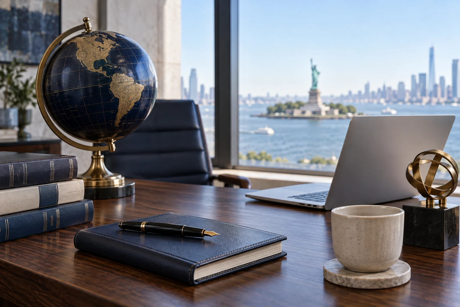 US EB-2 National Interest Waiver petitions — a desk with a globe, a notebook and a fountain pen by a window overlooking the Statue of Liberty