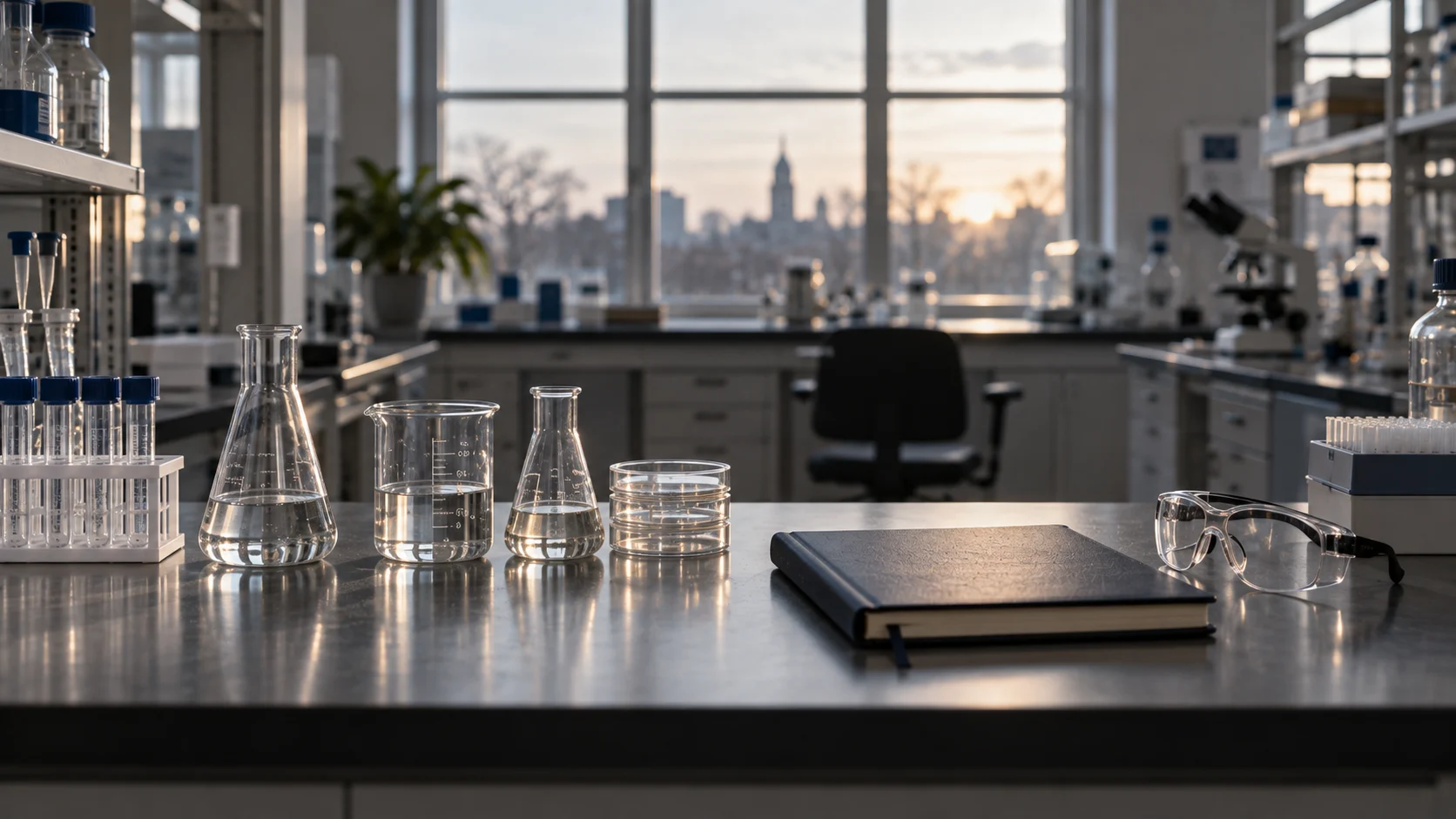 Laboratory bench at the end of the day with clean glassware, a closed notebook and safety glasses, representing the endeavour and national interest evidence assessed in an EB-2 NIW petition.