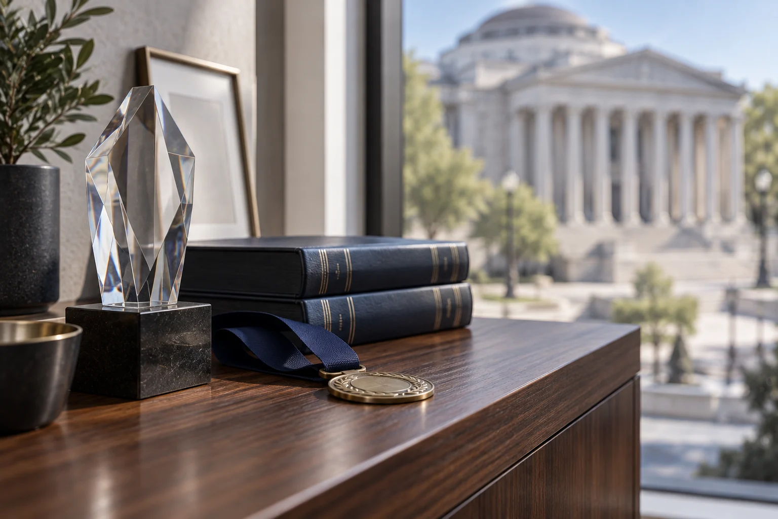 US extraordinary ability and national interest petitions — a crystal award, bound volumes and a medal before a neoclassical academy facade