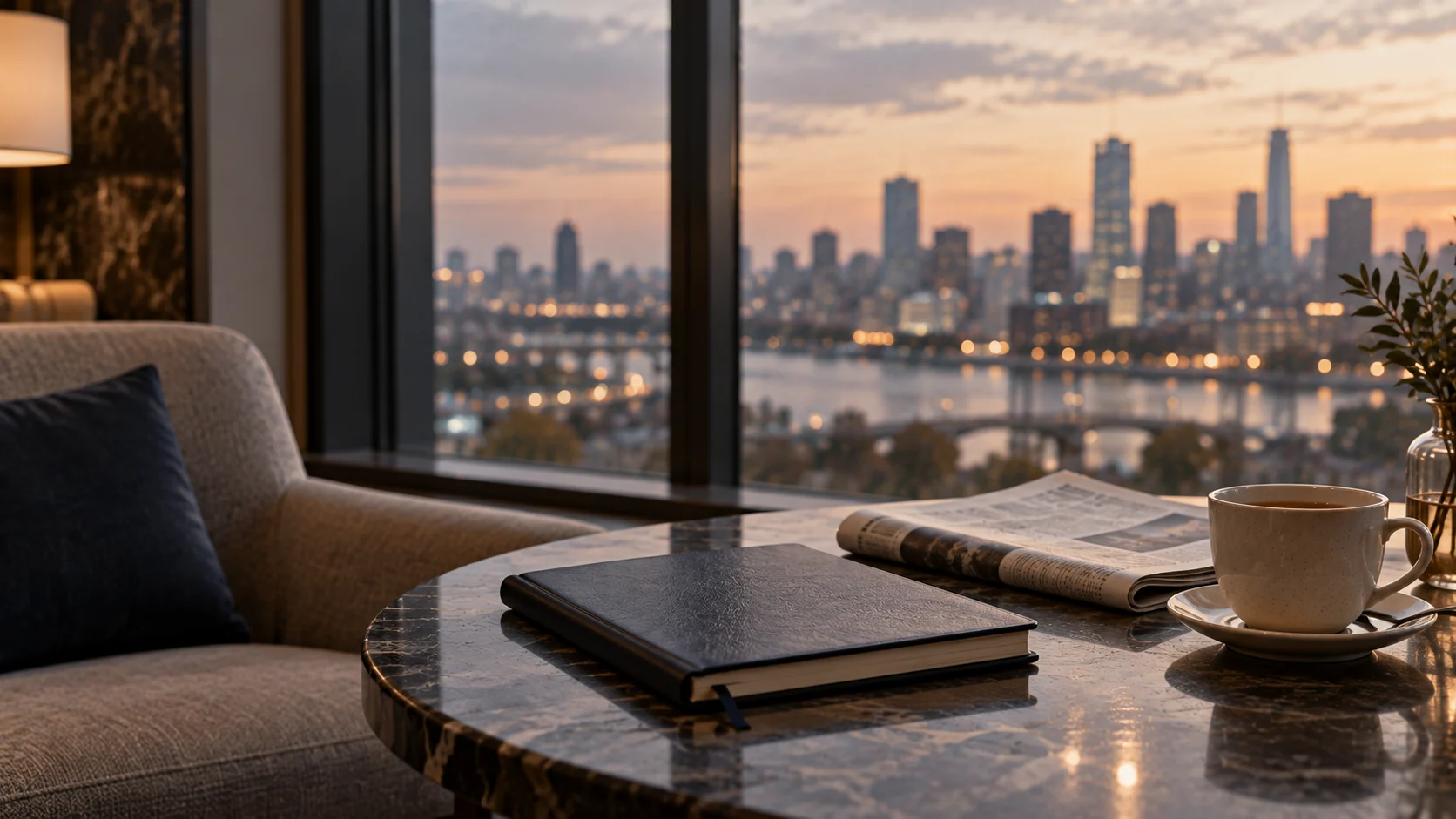 Window seat table in a quiet lounge with a closed notebook, a folded newspaper and a cup of tea, a softly blurred city at dusk beyond the glass, representing immigration options outside the United States.