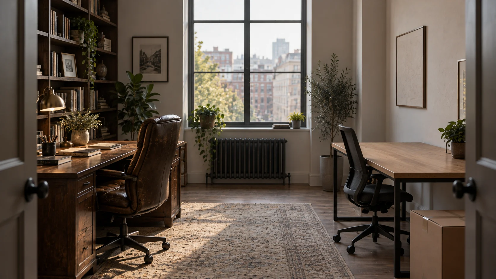 Two empty desks facing each other in a modern office, one long established and one newly set up, representing an L-1A intracompany transfer from an existing business to a new US office.