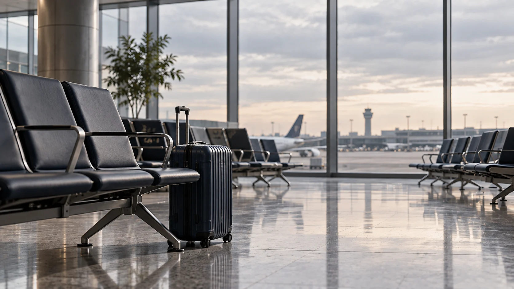 Empty departure gate seating area in a quiet airport terminal with a single carry-on case, representing nationality-specific and trade treaty visa routes to the United States.