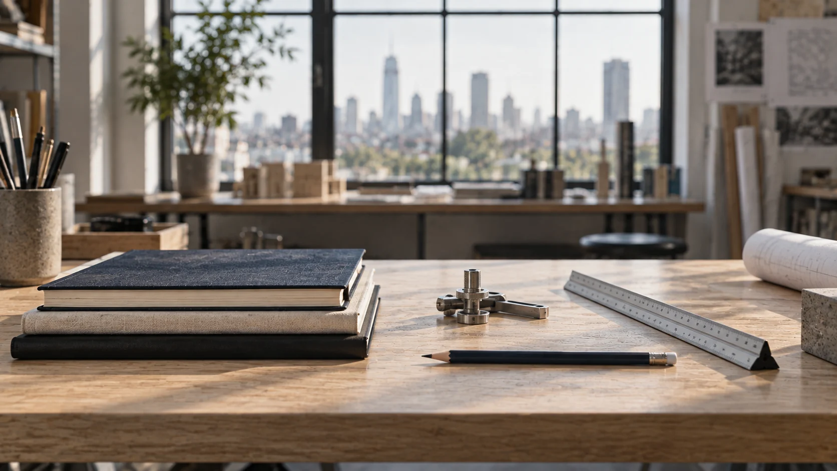 Designer and engineer workbench with closed sketchbooks, a precision instrument, a scale ruler and a pencil in diffused daylight, representing the O-1 extraordinary ability visa.