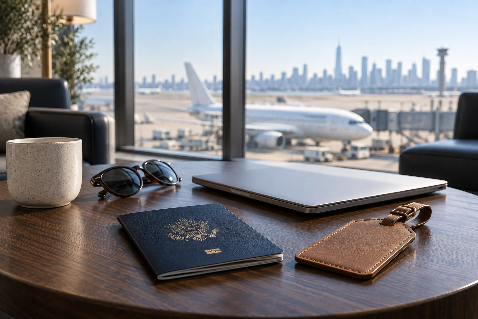 US temporary work and professional visa applications — a travel booklet, a laptop and sunglasses on a table by an airport window